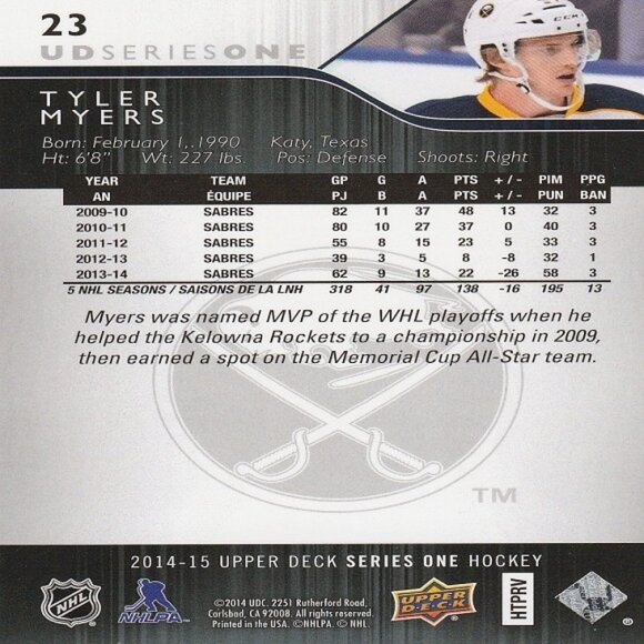 Tyler Myers - 2014-15 Upper Deck Series 1 Hockey Card - Picture 2 of 2